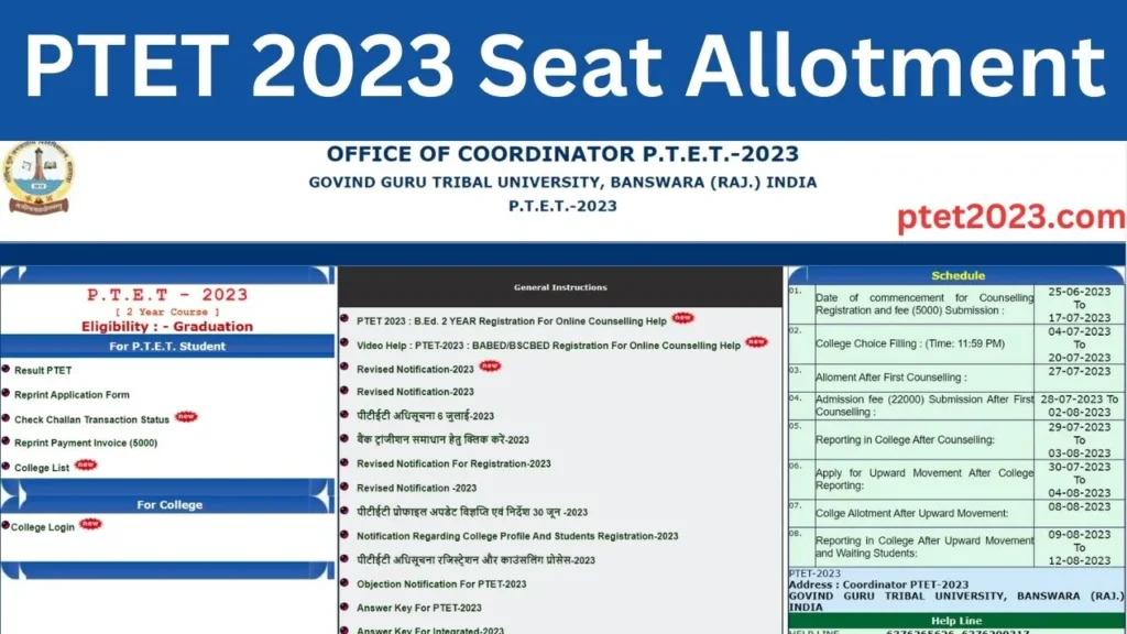 Rajasthan PTET 2023 Seat Allotment Result